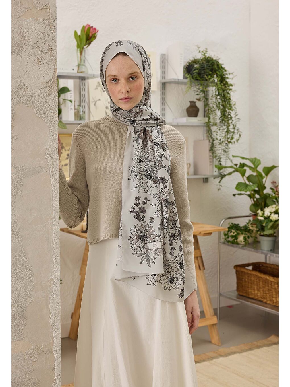 Bej Aster Desen Şal Vizon-1