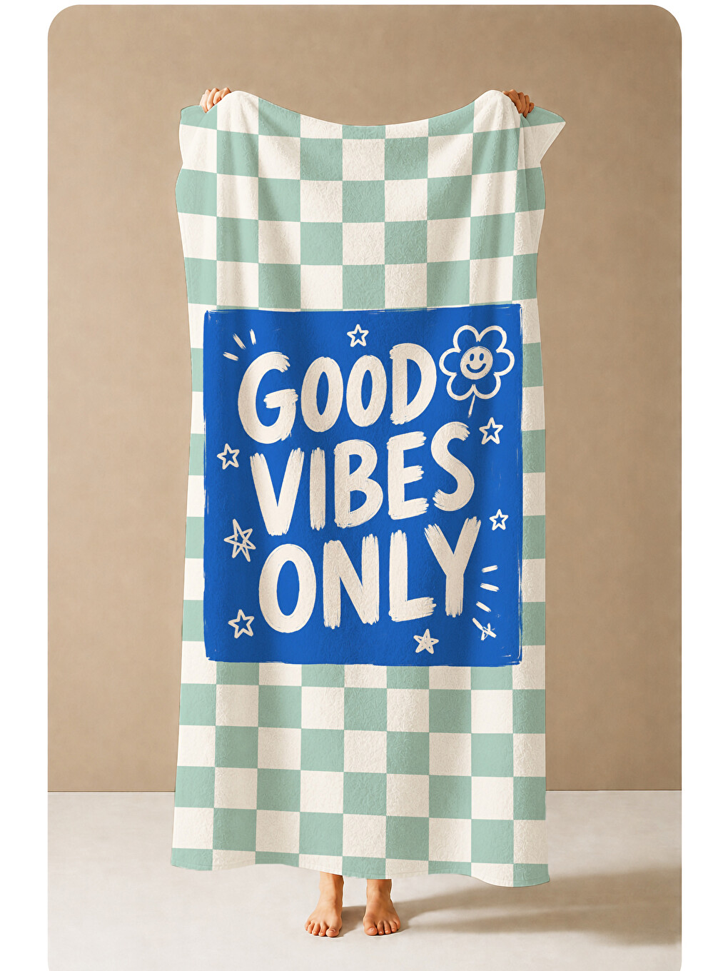 Yeşil Retro Good Vibes Only Mint Ekose Desenli 70x150 Plaj Havlusu - Dijital Baskılı Solmaz Banyo Havlusu-1
