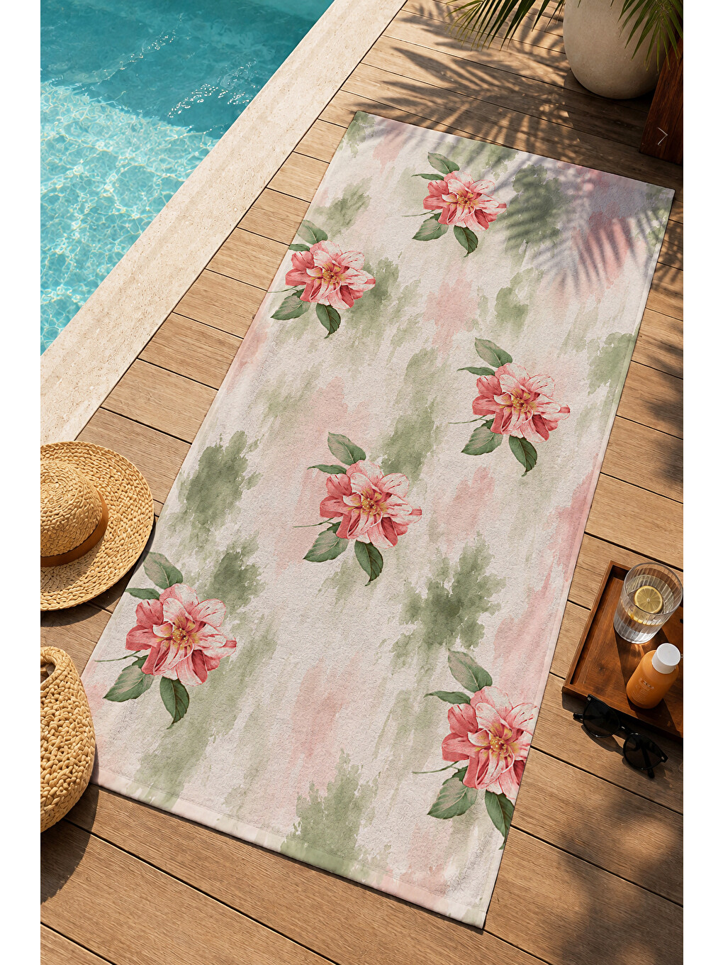 Suluboya Yeşil Pembe Çiçekli Desenli 70x150 Plaj Havlusu - Dijital Baskılı Solmaz Banyo Havlusu-3