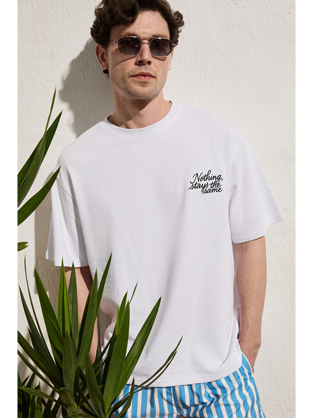 Beyaz CALIDO Erkek Organik Pamuklu Baskı Ve Nakışlı Bisiklet Yaka Oversıze BEYAZ T-Shirt-2
