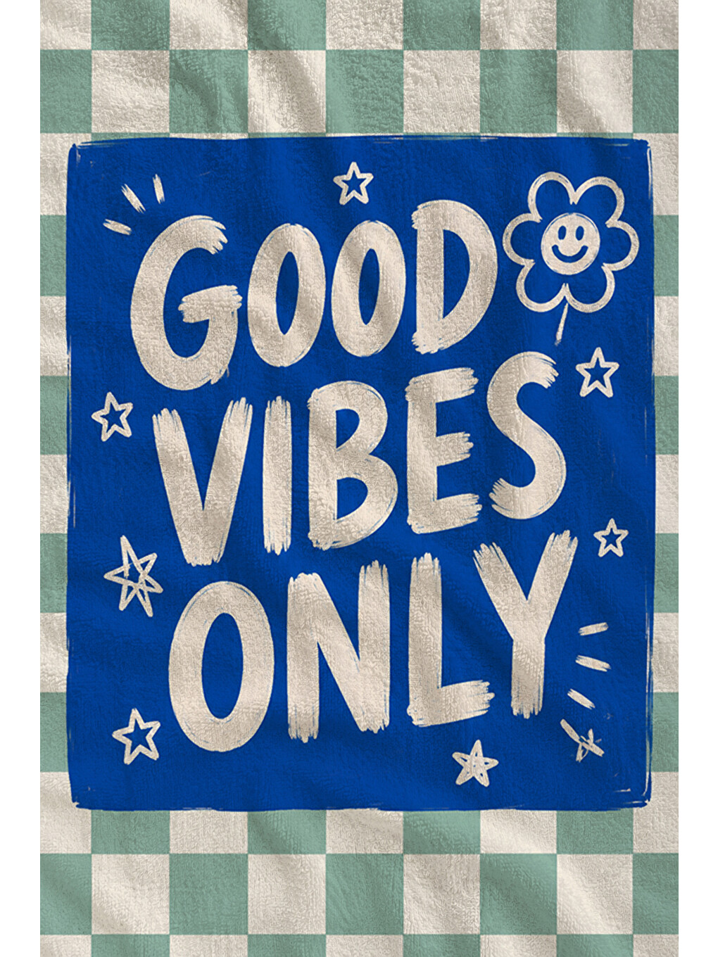 Yeşil Retro Good Vibes Only Mint Ekose Desenli 70x150 Plaj Havlusu - Dijital Baskılı Solmaz Banyo Havlusu-2