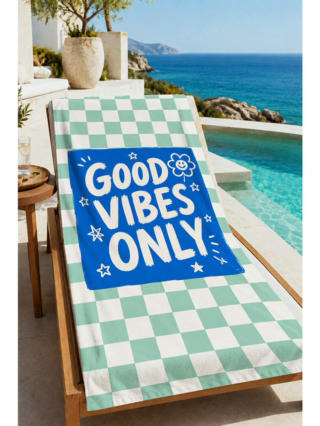 Yeşil Retro Good Vibes Only Mint Ekose Desenli 70x150 Plaj Havlusu - Dijital Baskılı Solmaz Banyo Havlusu-3