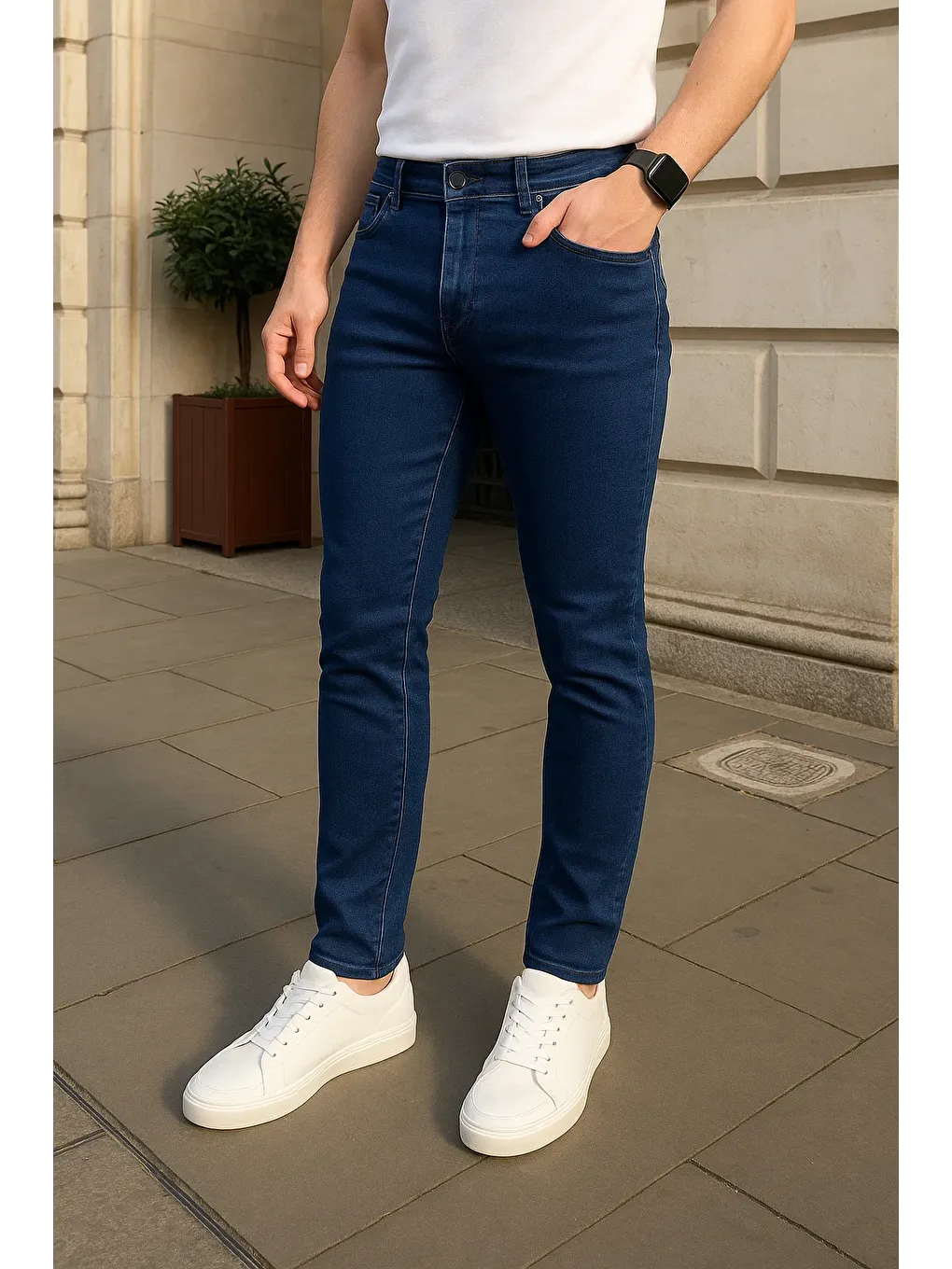 Erkek Pamuklu Dar Lacivert Jean Pantolon-3