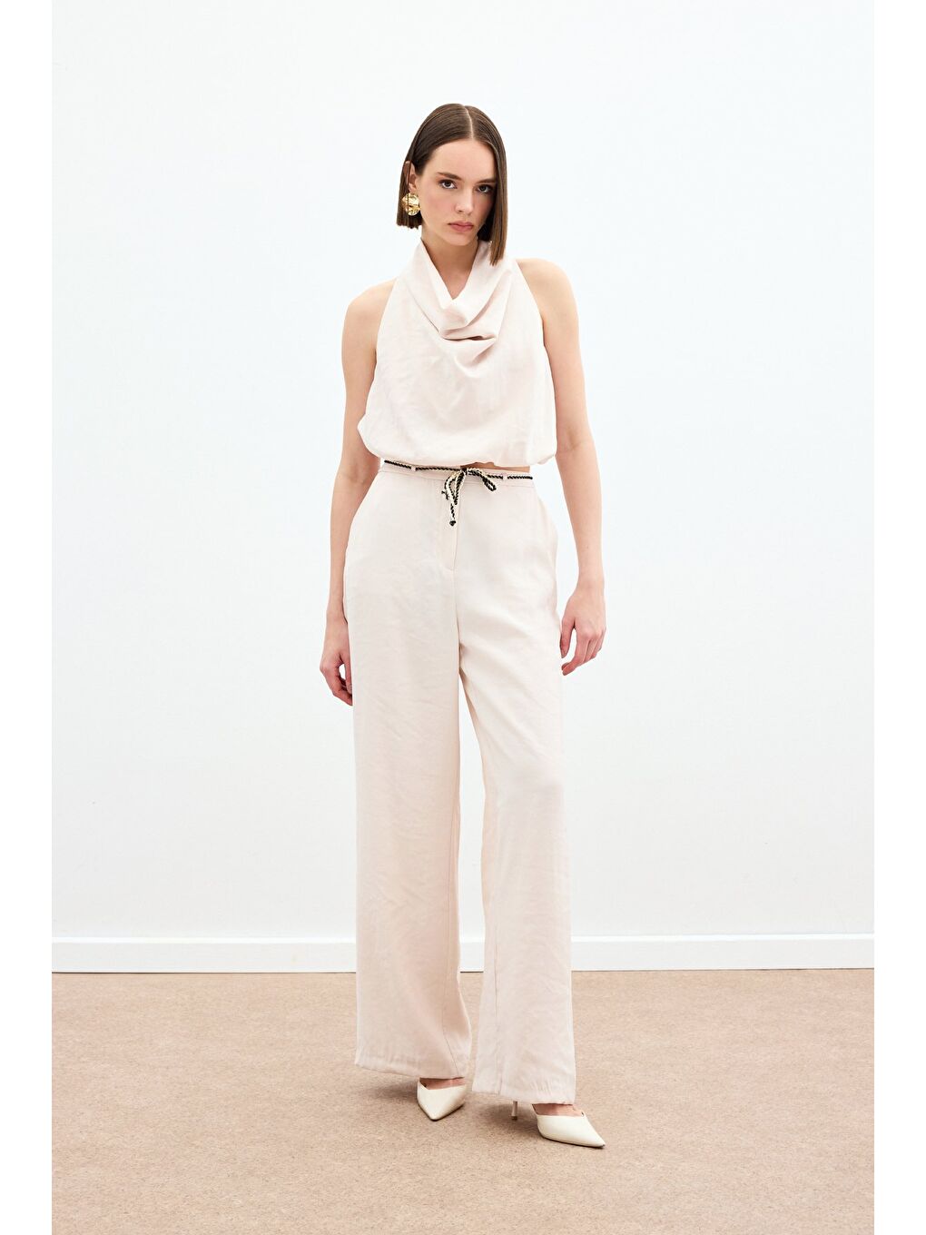 Örgü Kemerli Pantolon - Bej-1