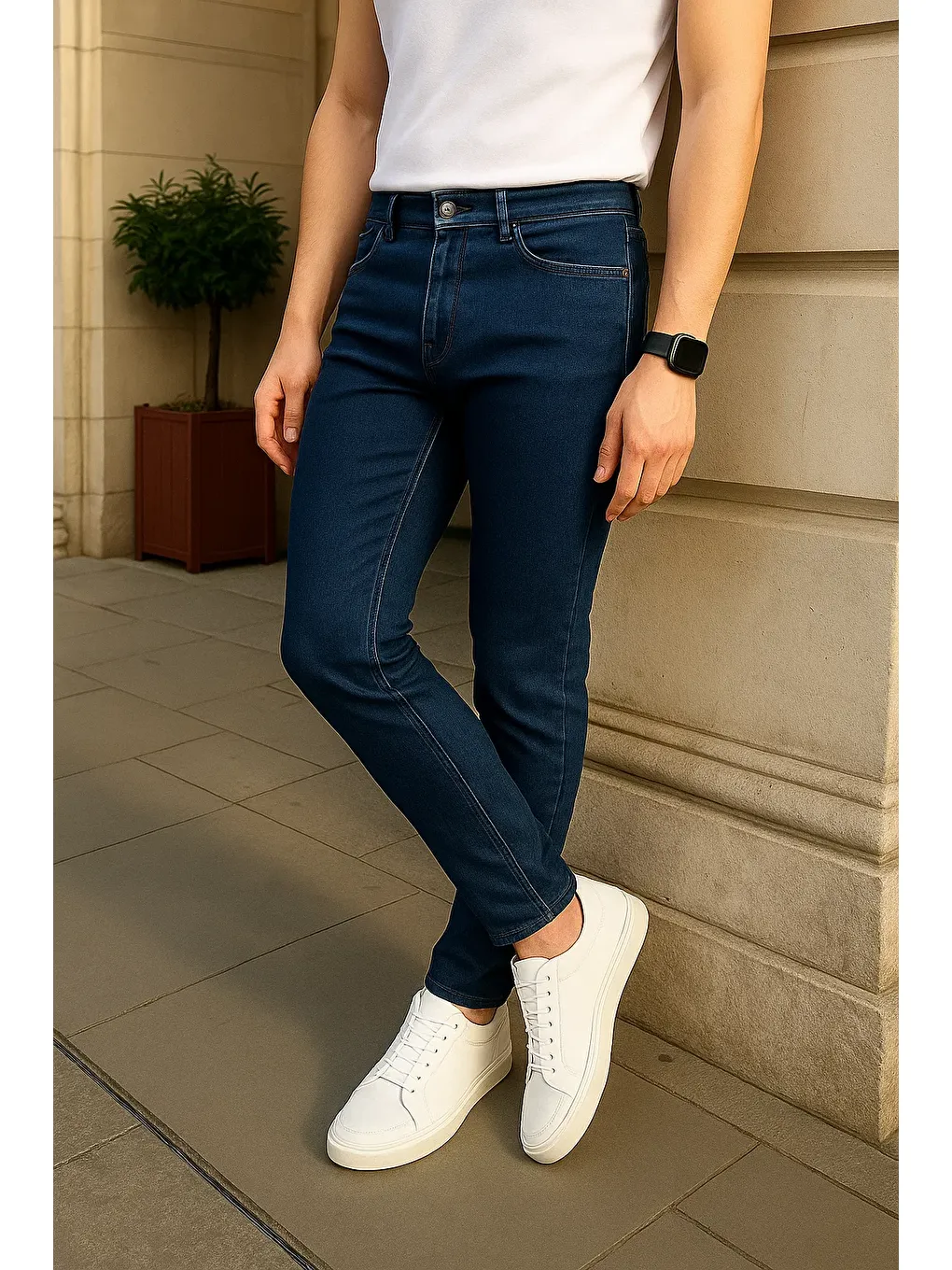 Erkek Pamuklu Dar Lacivert Jean Pantolon-5