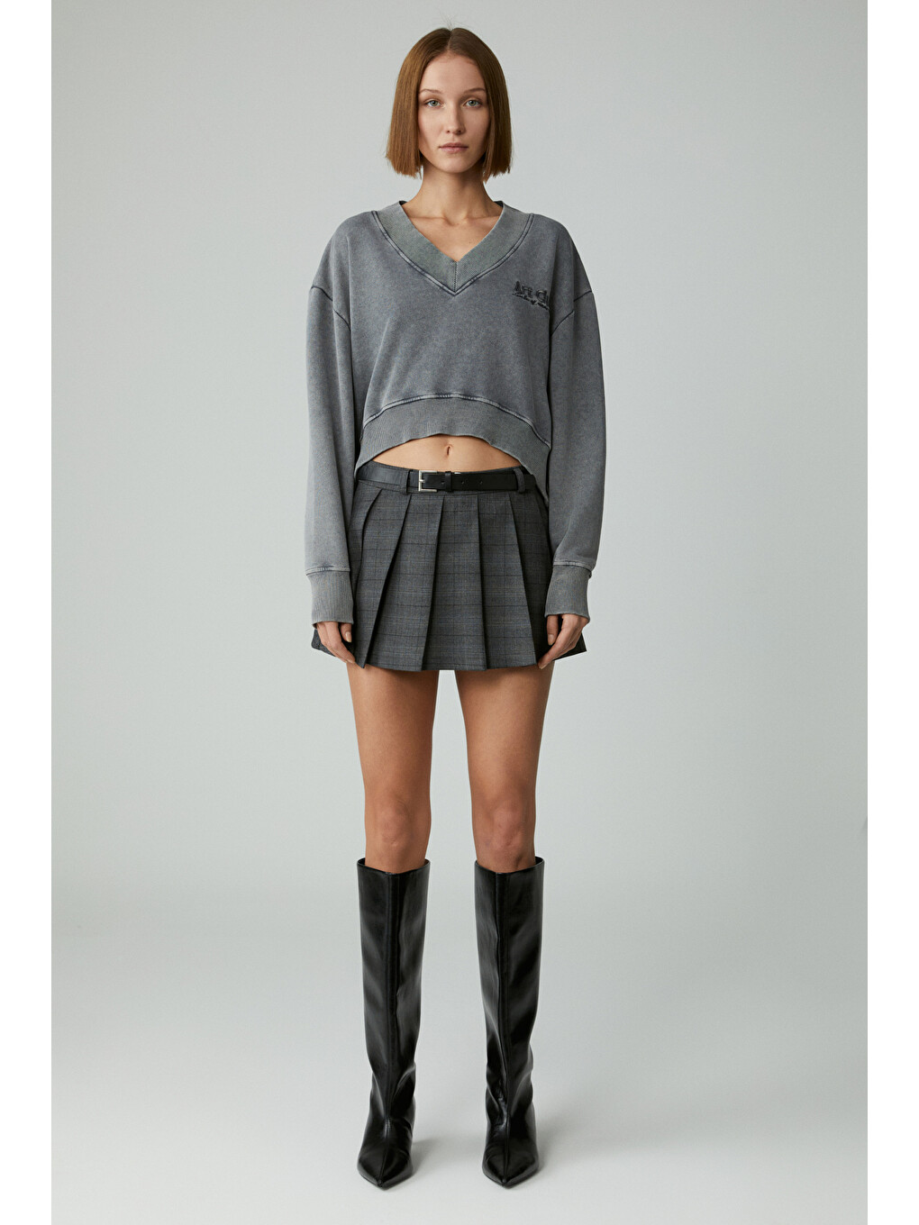 Andreıta Kadın V Yakalı Asimetrik Oversize Açık Gri Sweatshirt-1