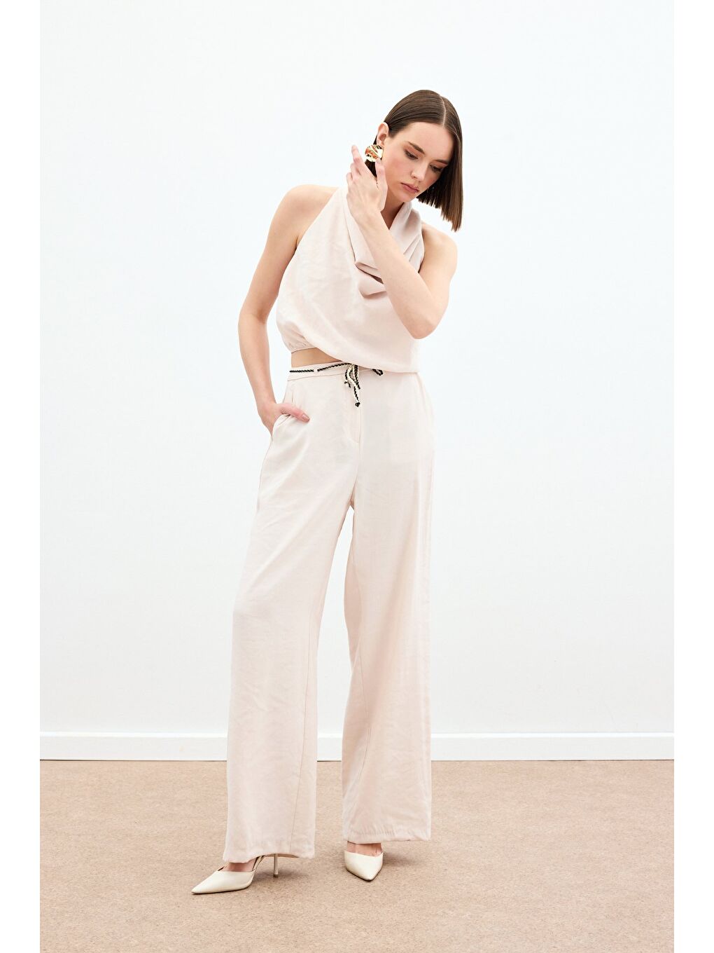 Örgü Kemerli Pantolon - Bej-2