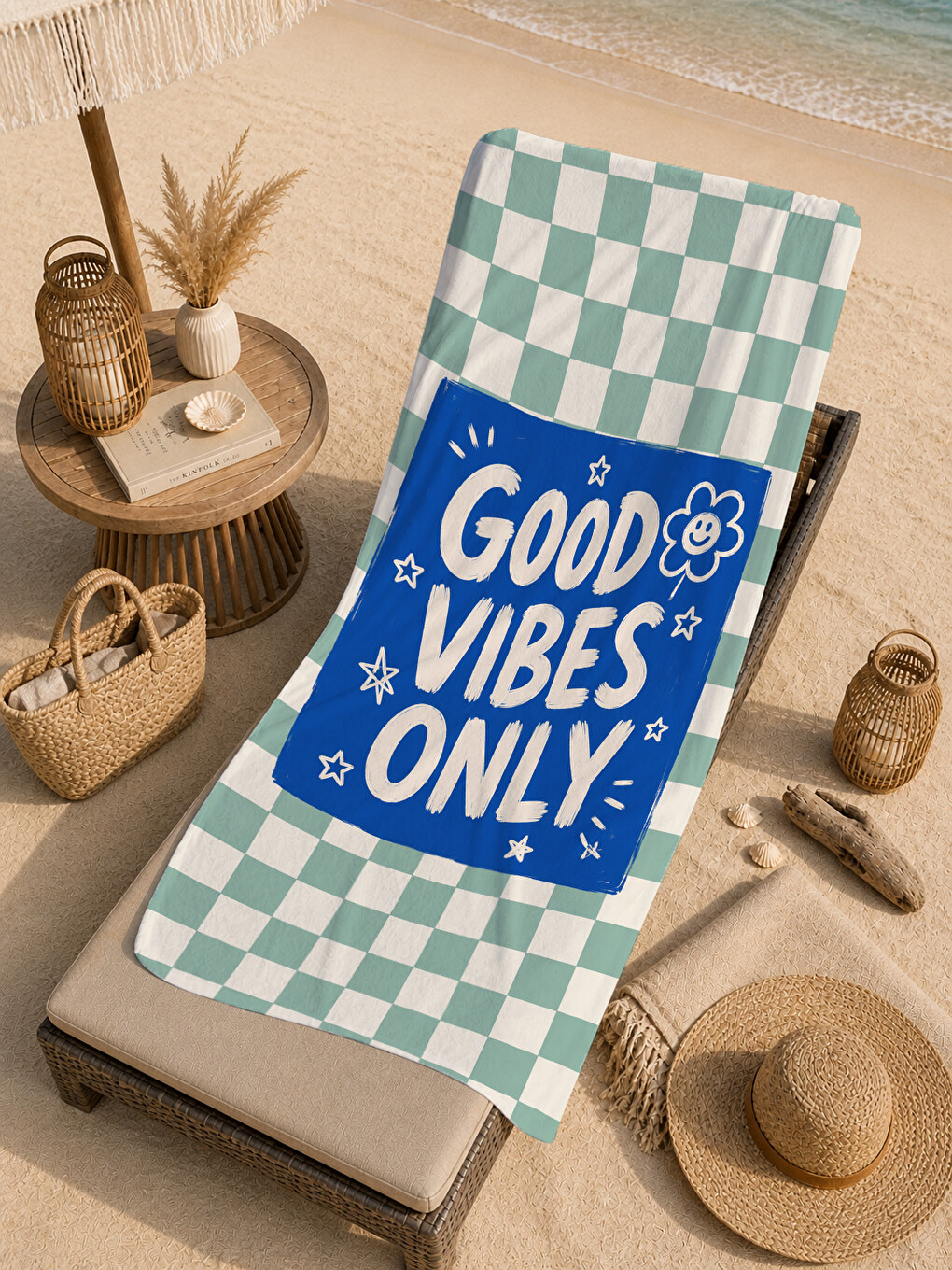 Yeşil Retro Good Vibes Only Mint Ekose Desenli 70x150 Plaj Havlusu - Dijital Baskılı Solmaz Banyo Havlusu-4
