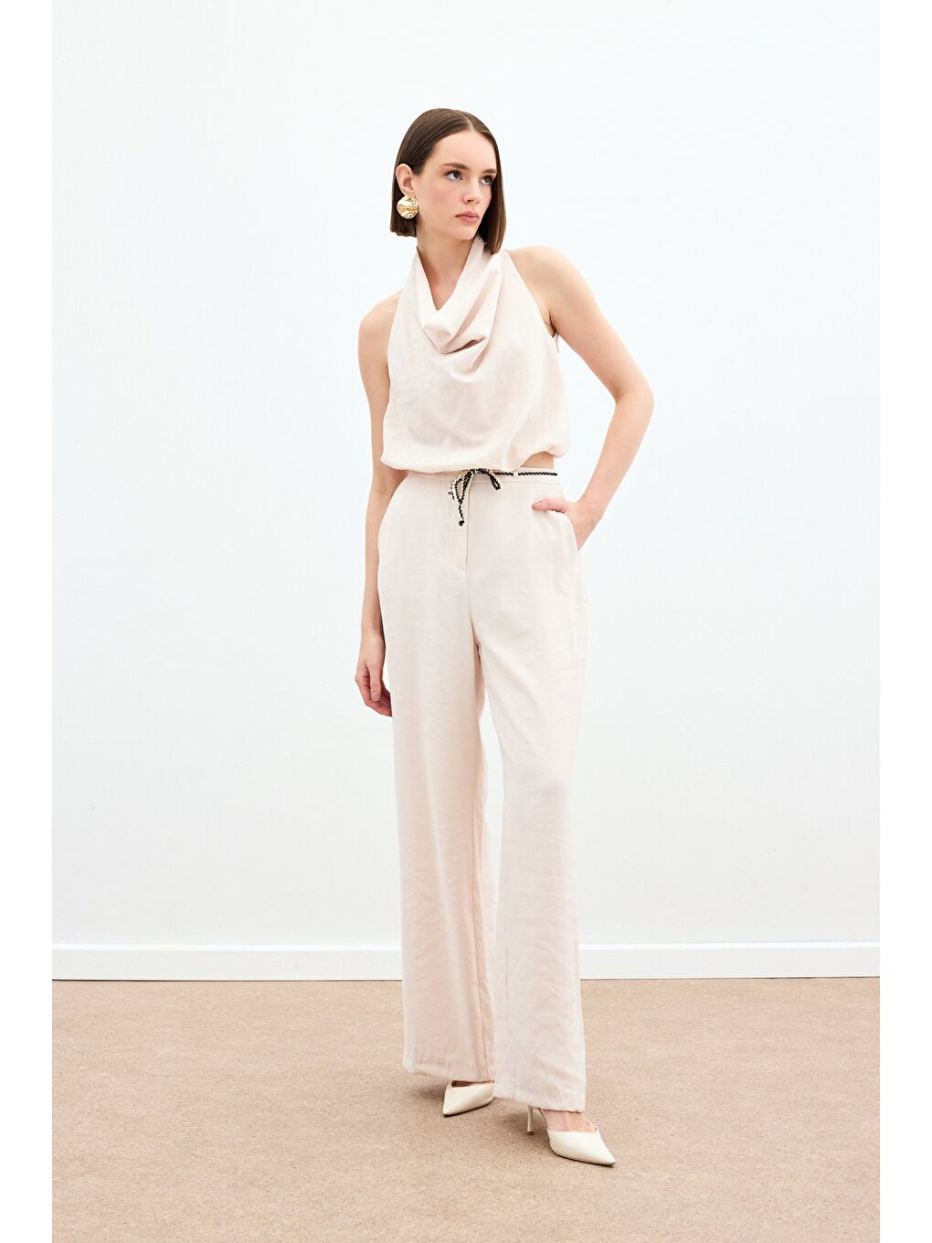 Örgü Kemerli Pantolon - Bej-3