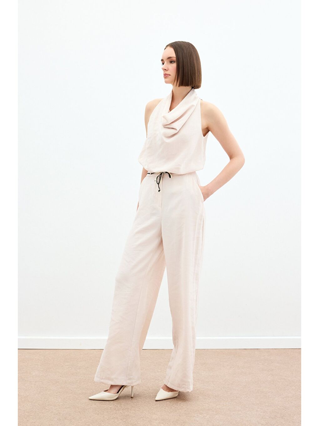 Örgü Kemerli Pantolon - Bej-4