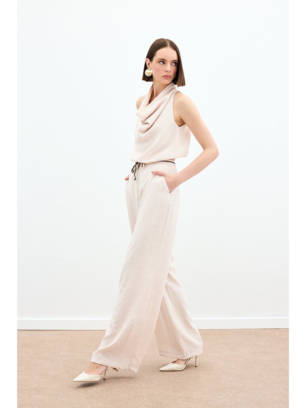 Örgü Kemerli Pantolon - Bej-5