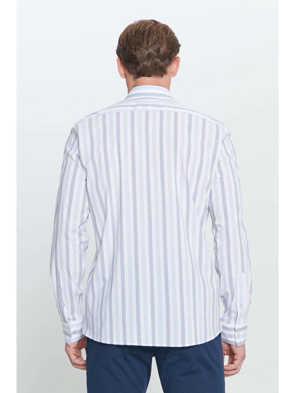 Erkek Beyaz-Mavi Slim Fit Dar Kesim %100 Pamuk Küçük İtalyan Yaka Çizgili Gömlek-5