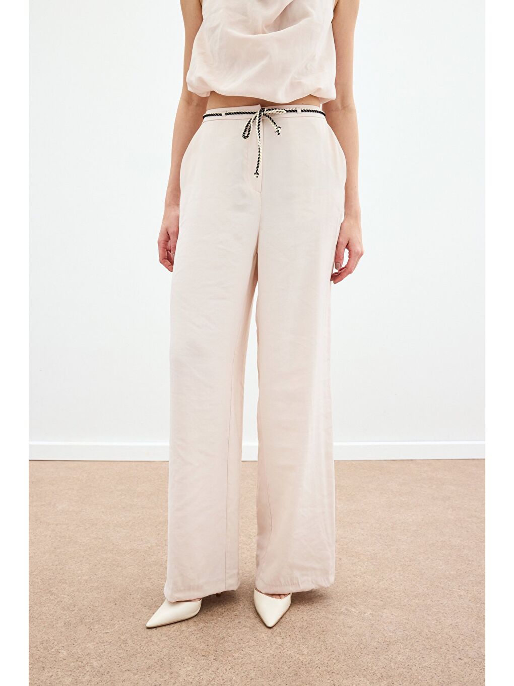 Örgü Kemerli Pantolon - Bej-6