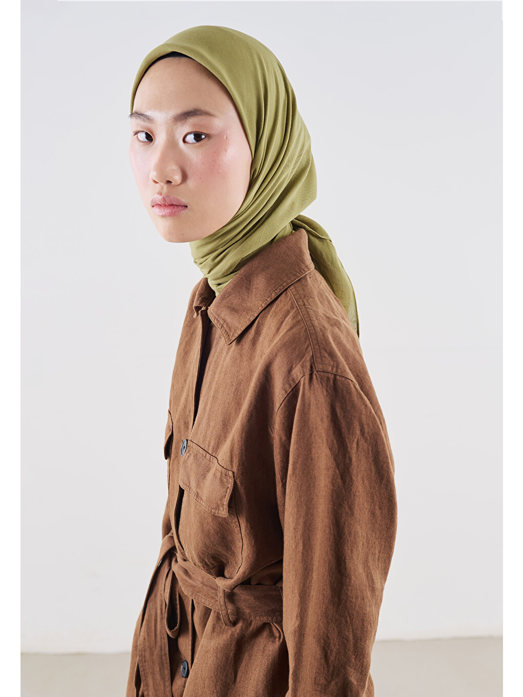 Yeşil Pamuk Keten Eşarp Olive-3