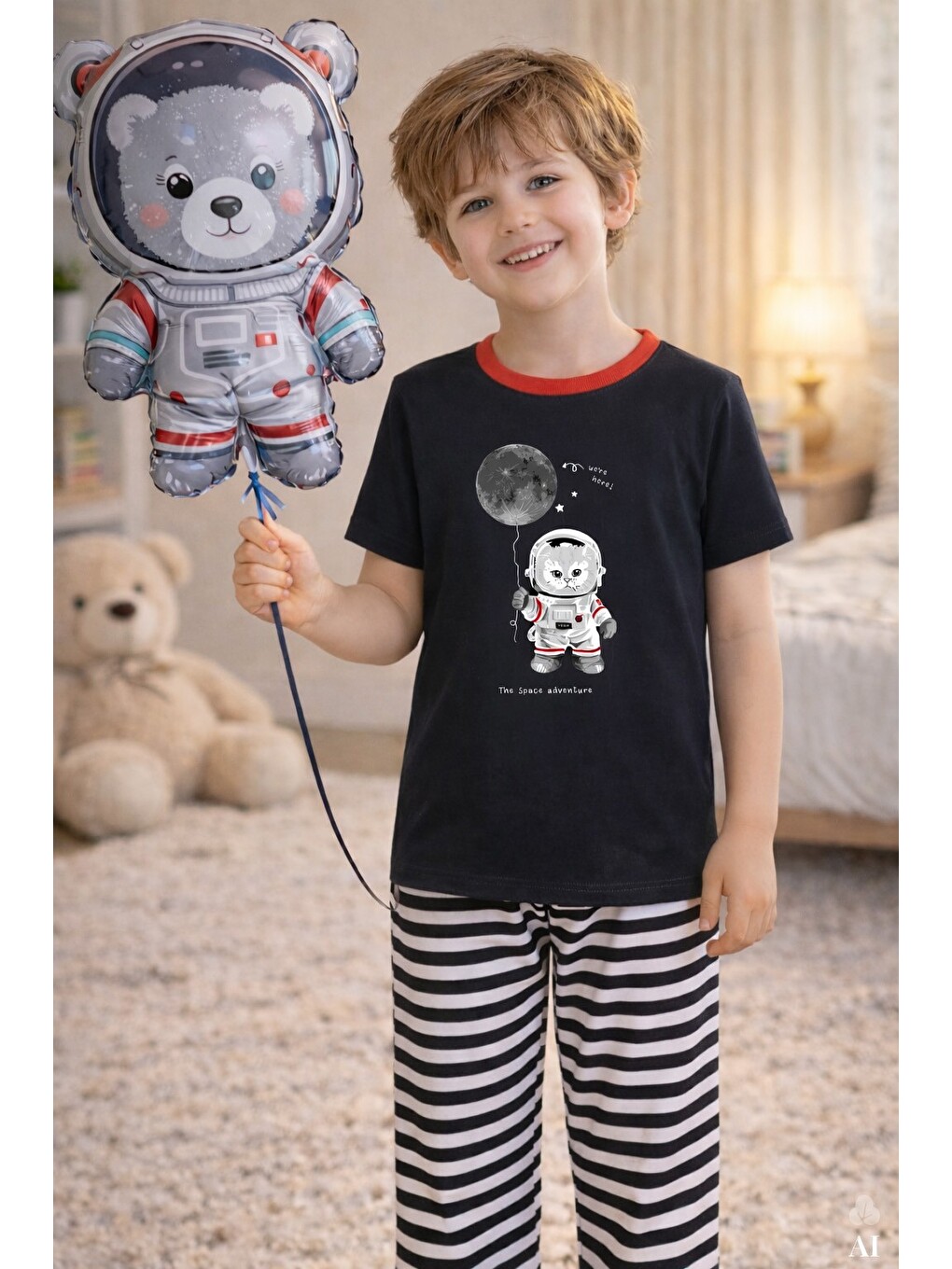 Siyah Erkek Çocuk Pamuklu Çizgili Baskılı Kısa Kollu Uzun Alt Pijama Takımı