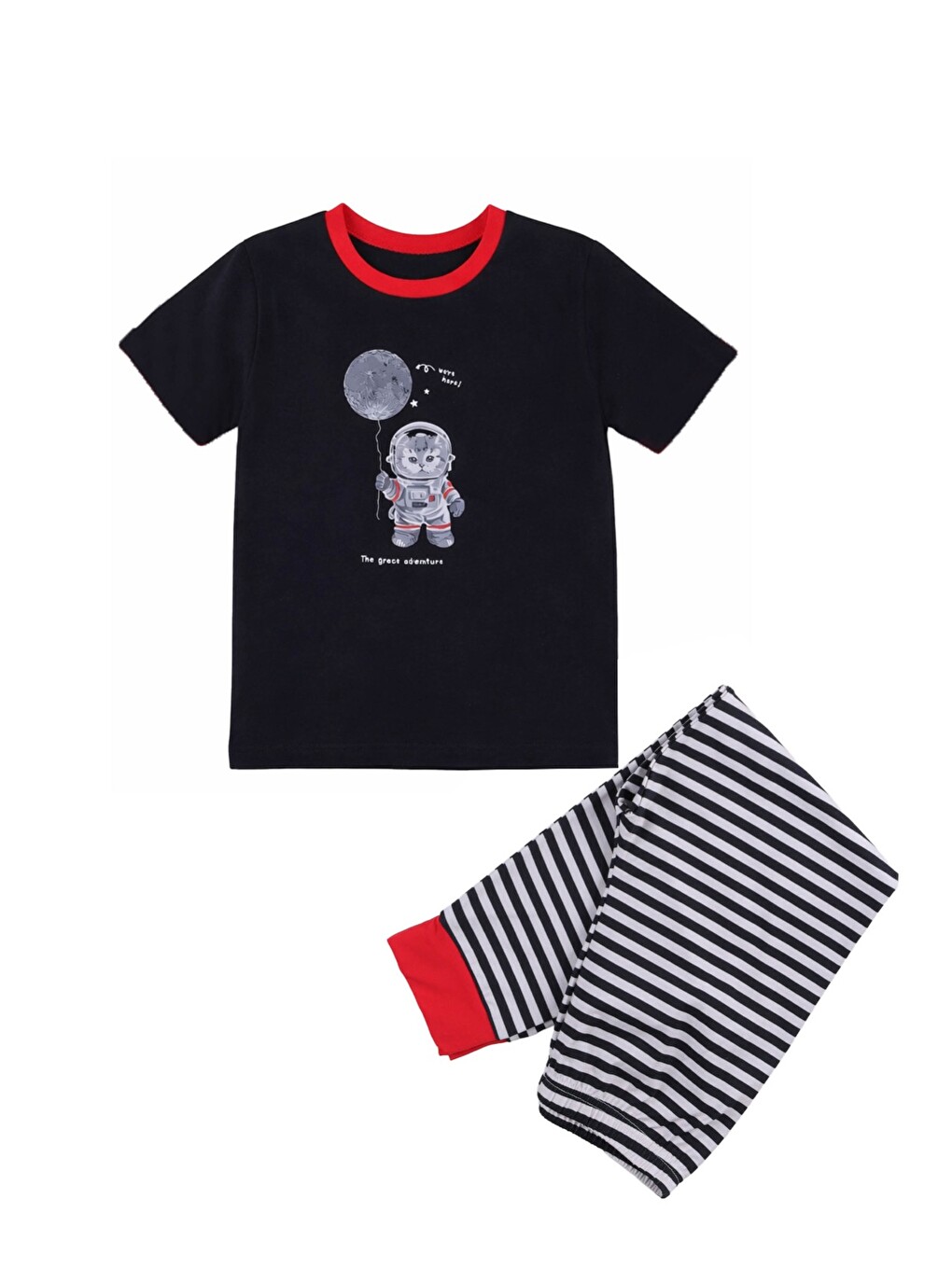 Siyah Erkek Çocuk Pamuklu Çizgili Baskılı Kısa Kollu Uzun Alt Pijama Takımı-4