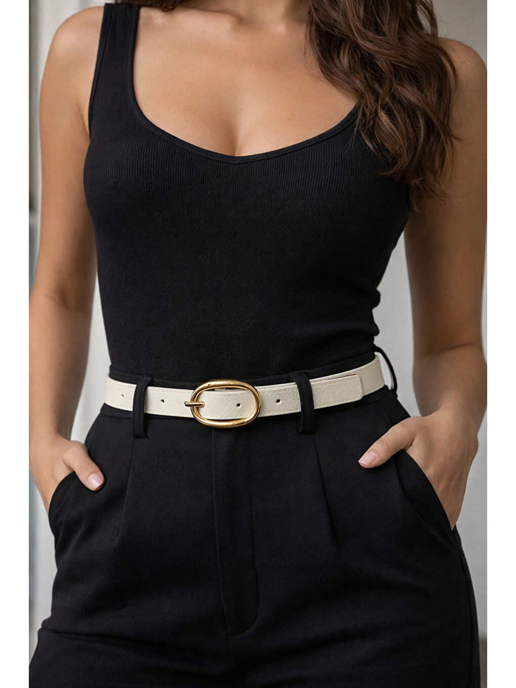 Oval Tokalı Bej İnce Kadın Kemeri Ceket Kemeri, Gömlek Kemeri, Elbise Kemeri KMR005 BEJ-3