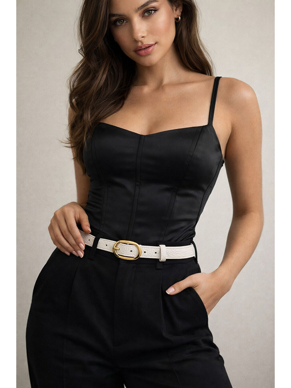 Oval Tokalı Bej İnce Kadın Kemeri Ceket Kemeri, Gömlek Kemeri, Elbise Kemeri KMR005 BEJ-4