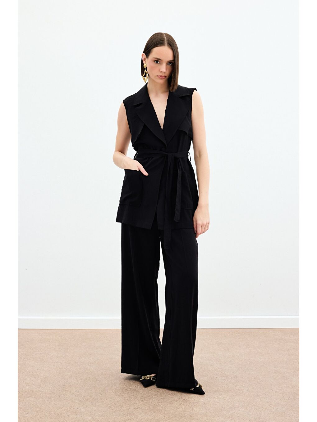 Kuşaklı Uzun Yelek - Siyah-1