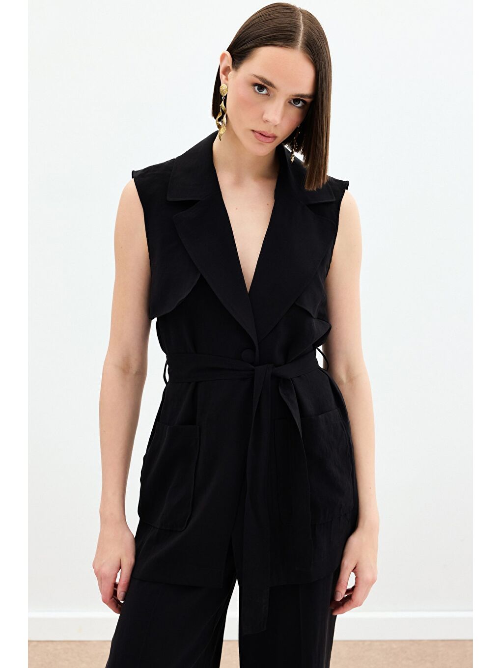 Kuşaklı Uzun Yelek - Siyah-2