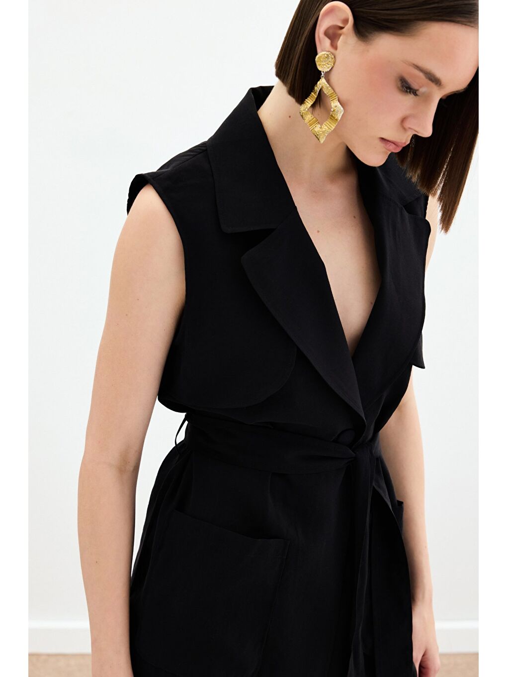 Kuşaklı Uzun Yelek - Siyah-4