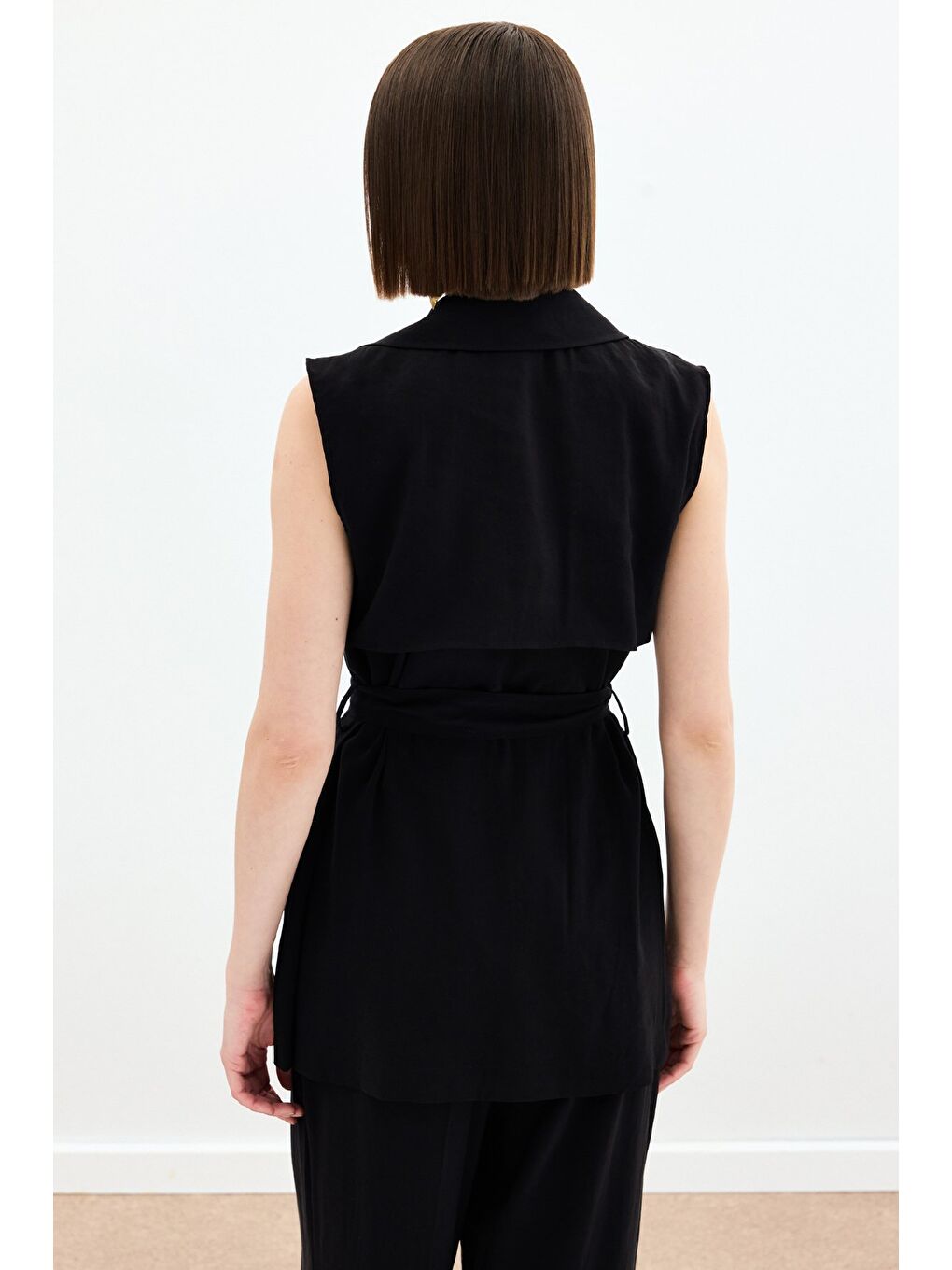 Kuşaklı Uzun Yelek - Siyah-5