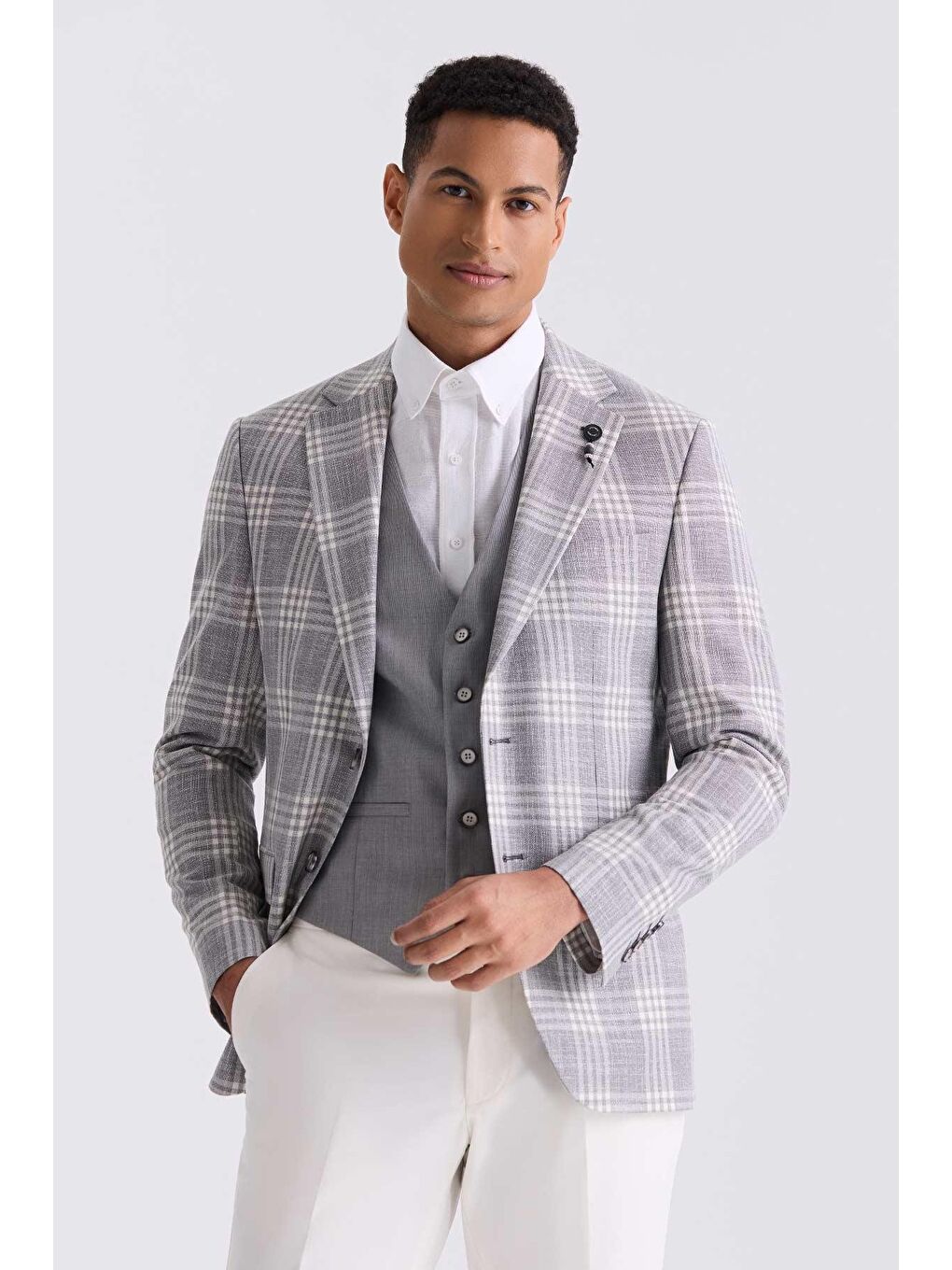 Gri Slim Fit Mono Yaka Kareli Kombinli Yelekli Takım Elbise