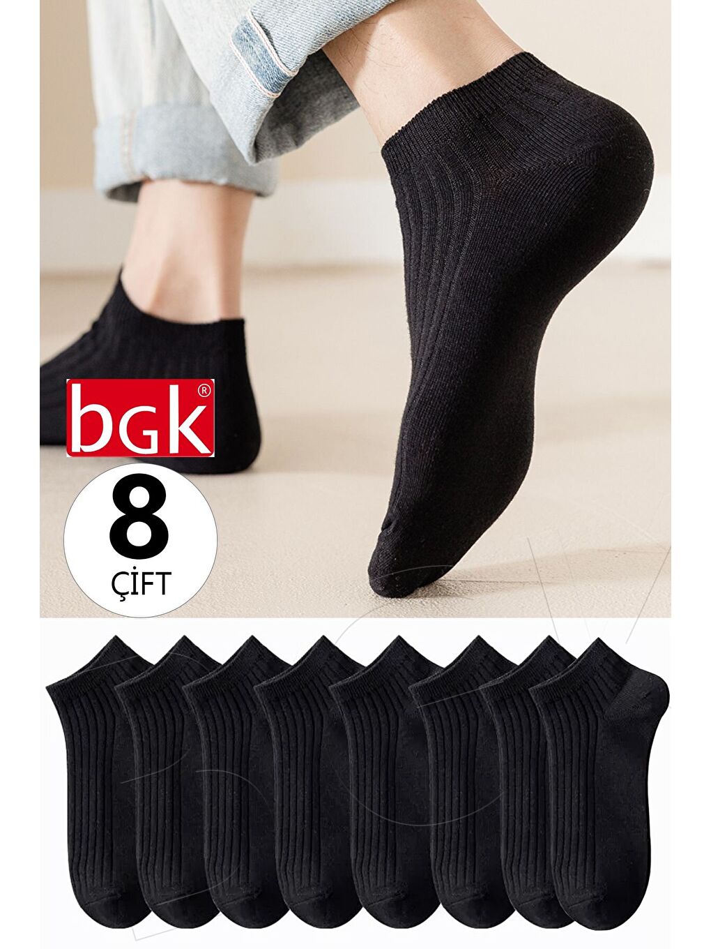 Siyah Unisex 8 Çift Renkli Çizgili Çorap