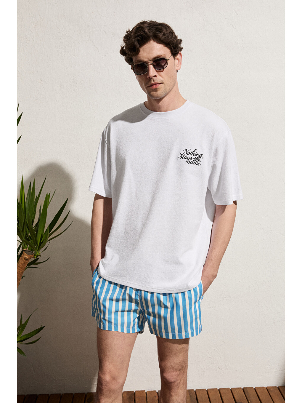 Beyaz CALIDO Erkek Organik Pamuklu Baskı Ve Nakışlı Bisiklet Yaka Oversıze BEYAZ T-Shirt-3