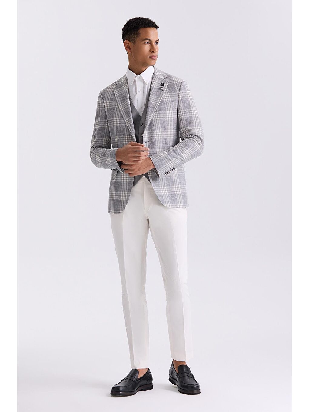 Gri Slim Fit Mono Yaka Kareli Kombinli Yelekli Takım Elbise-1