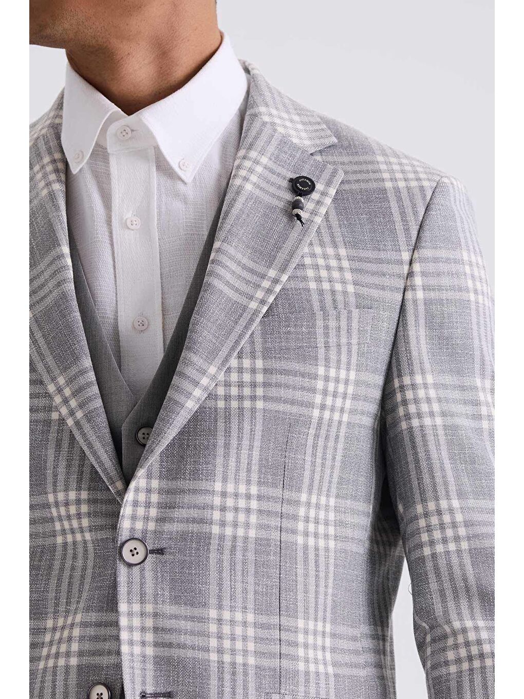 Gri Slim Fit Mono Yaka Kareli Kombinli Yelekli Takım Elbise-2