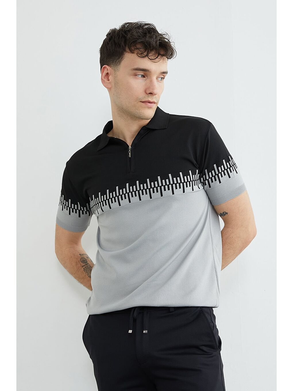 Gri Yarım Fermuarlı Polo Yaka Triko Tişört-1