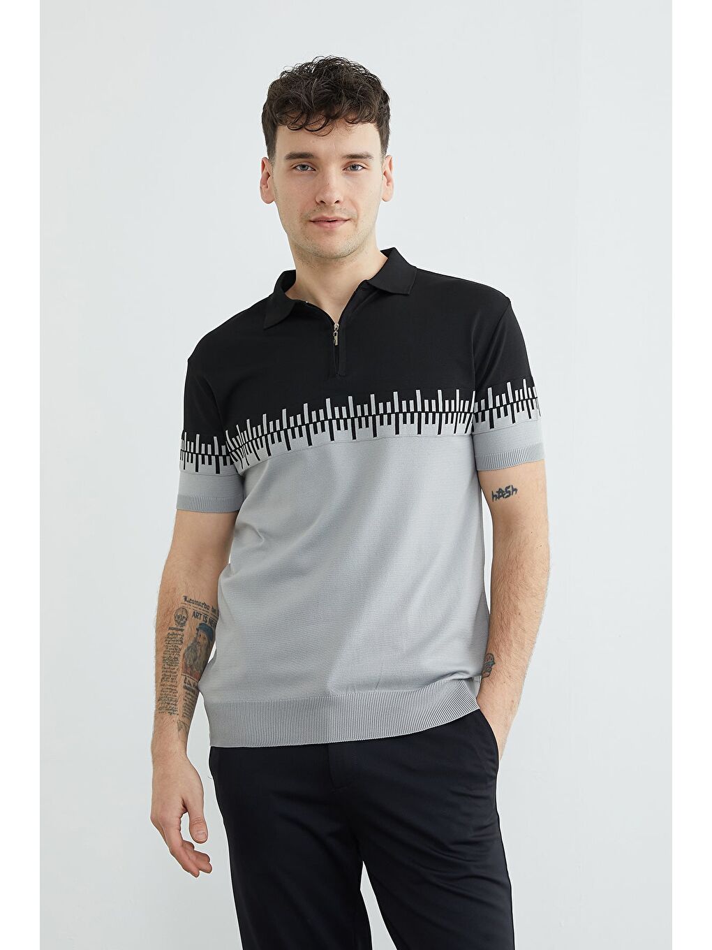 Gri Yarım Fermuarlı Polo Yaka Triko Tişört-4