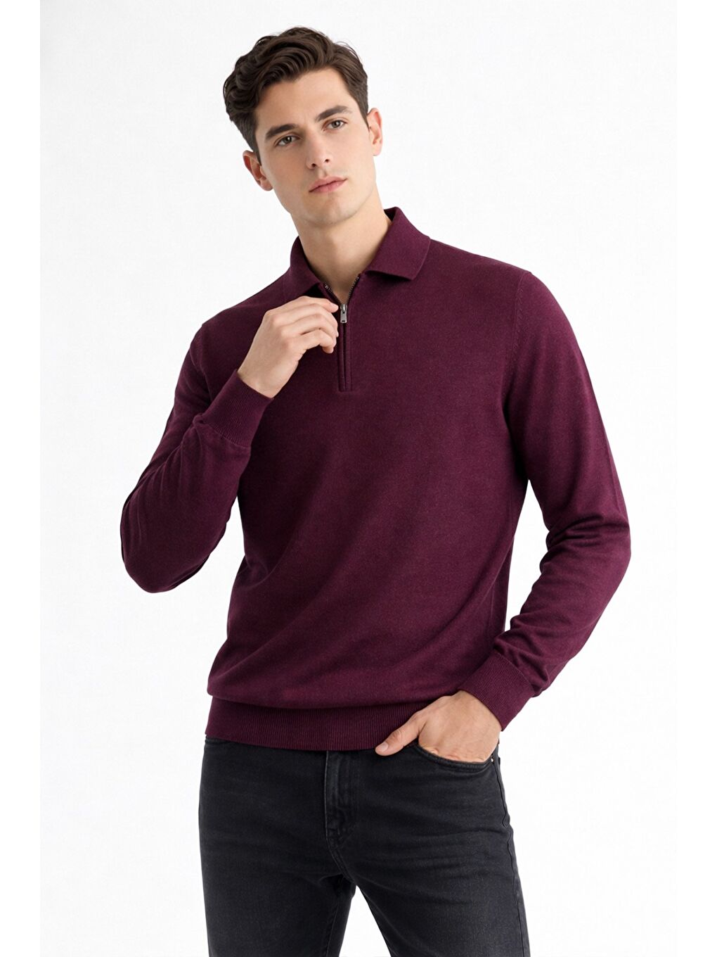 Bordo Polo Yaka Triko Erkek Kazak-1