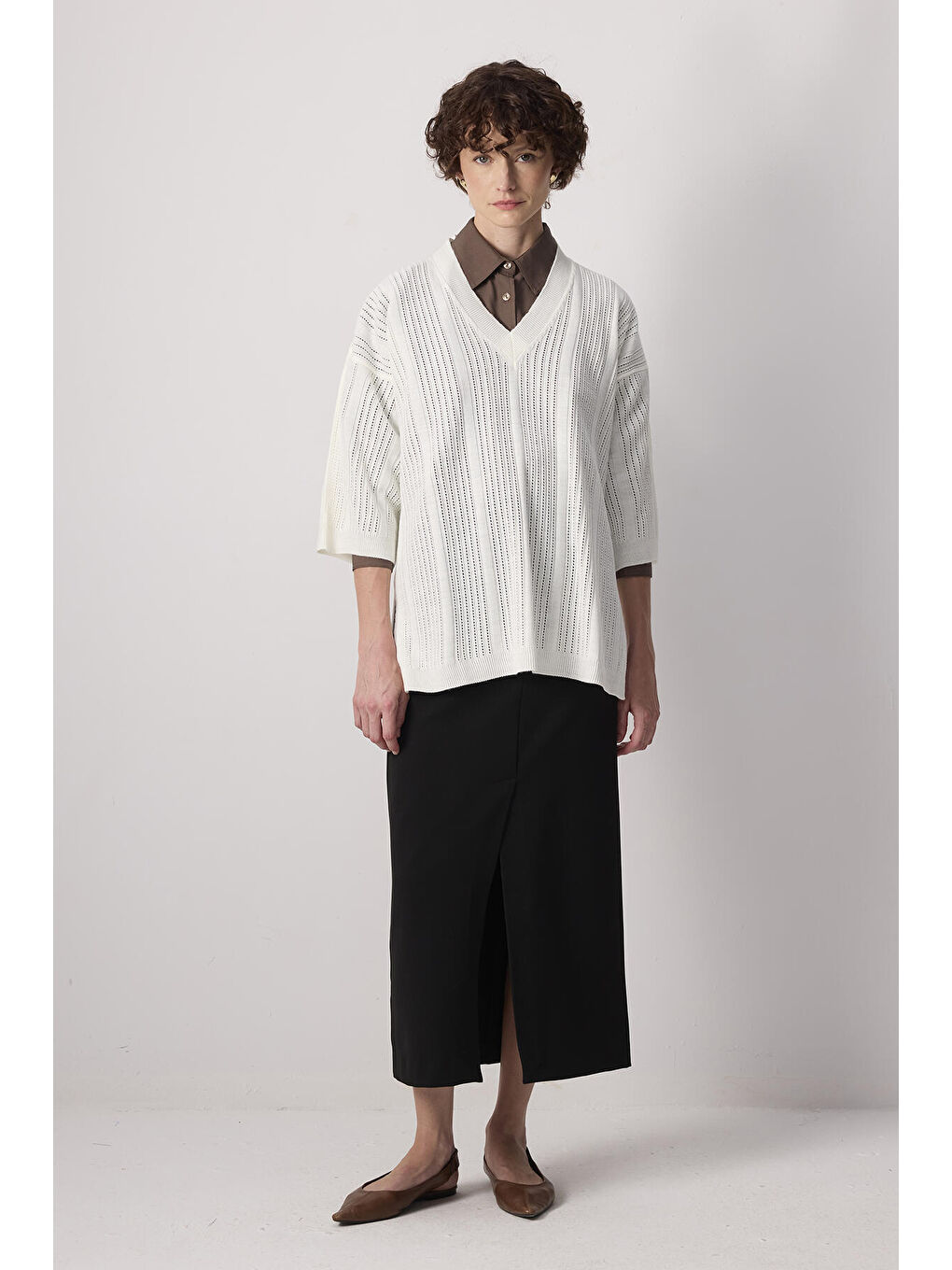 Ekru V Yaka Ajurlu Tunik-1