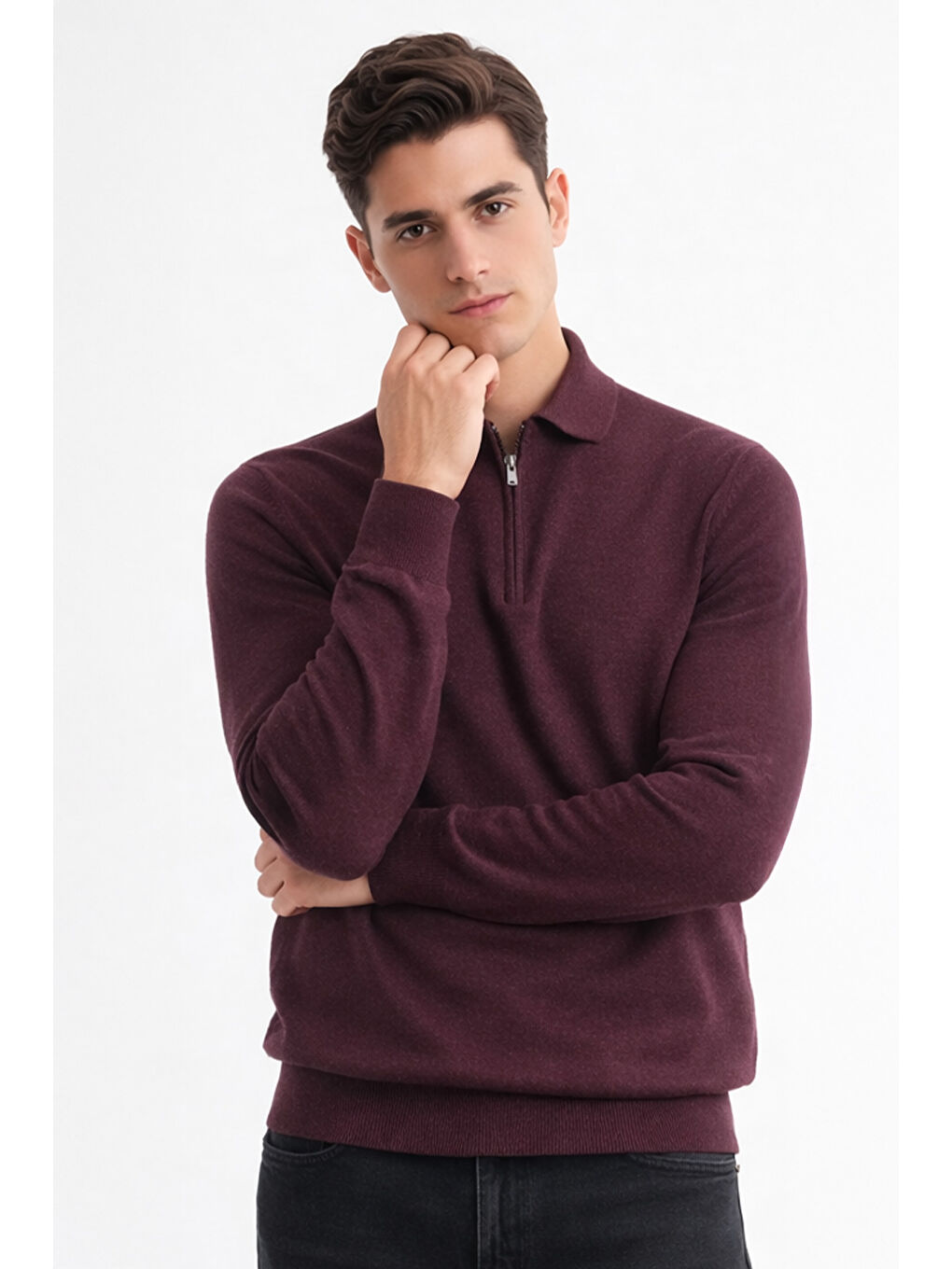 Bordo Polo Yaka Triko Erkek Kazak-2