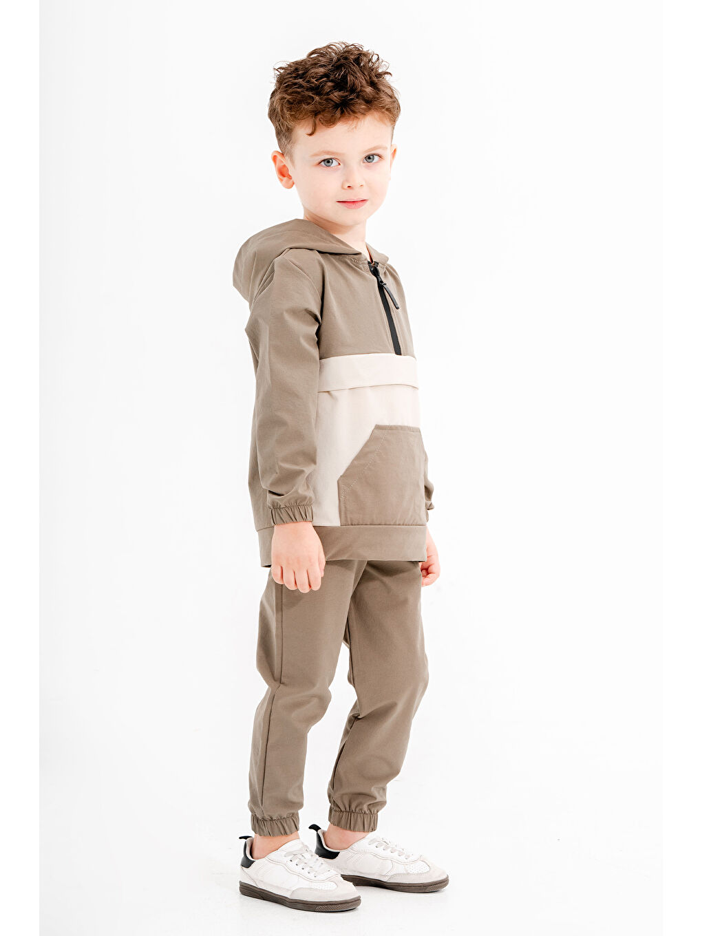 Haki Kanguru Cepli Kapüşonlu Erkek Çocuk Paraşüt Eşofman Takımı 20120-1