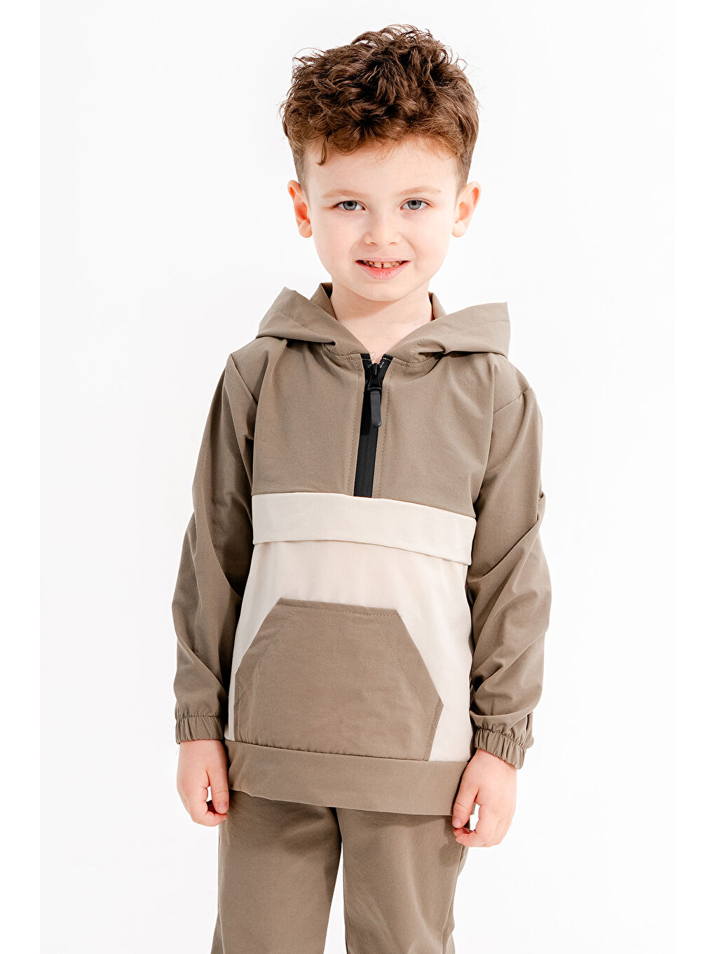 Haki Kanguru Cepli Kapüşonlu Erkek Çocuk Paraşüt Eşofman Takımı 20120-2