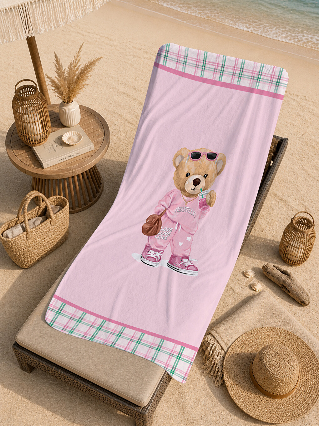 Pembe Giyimli Ayıcık Ekose Desenli 70x150 Plaj Havlusu - Dijital Baskılı Solmaz Banyo Havlusu-3