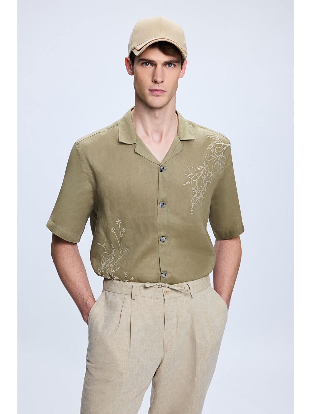 Gri Regular Fit Yandan Cep Keten Pantolon-1