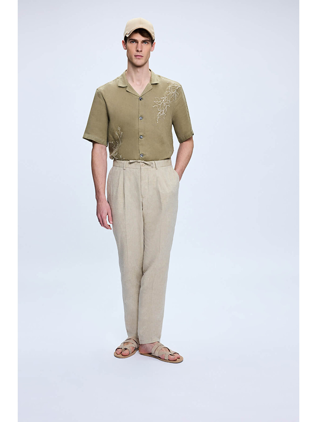 Gri Regular Fit Yandan Cep Keten Pantolon-2