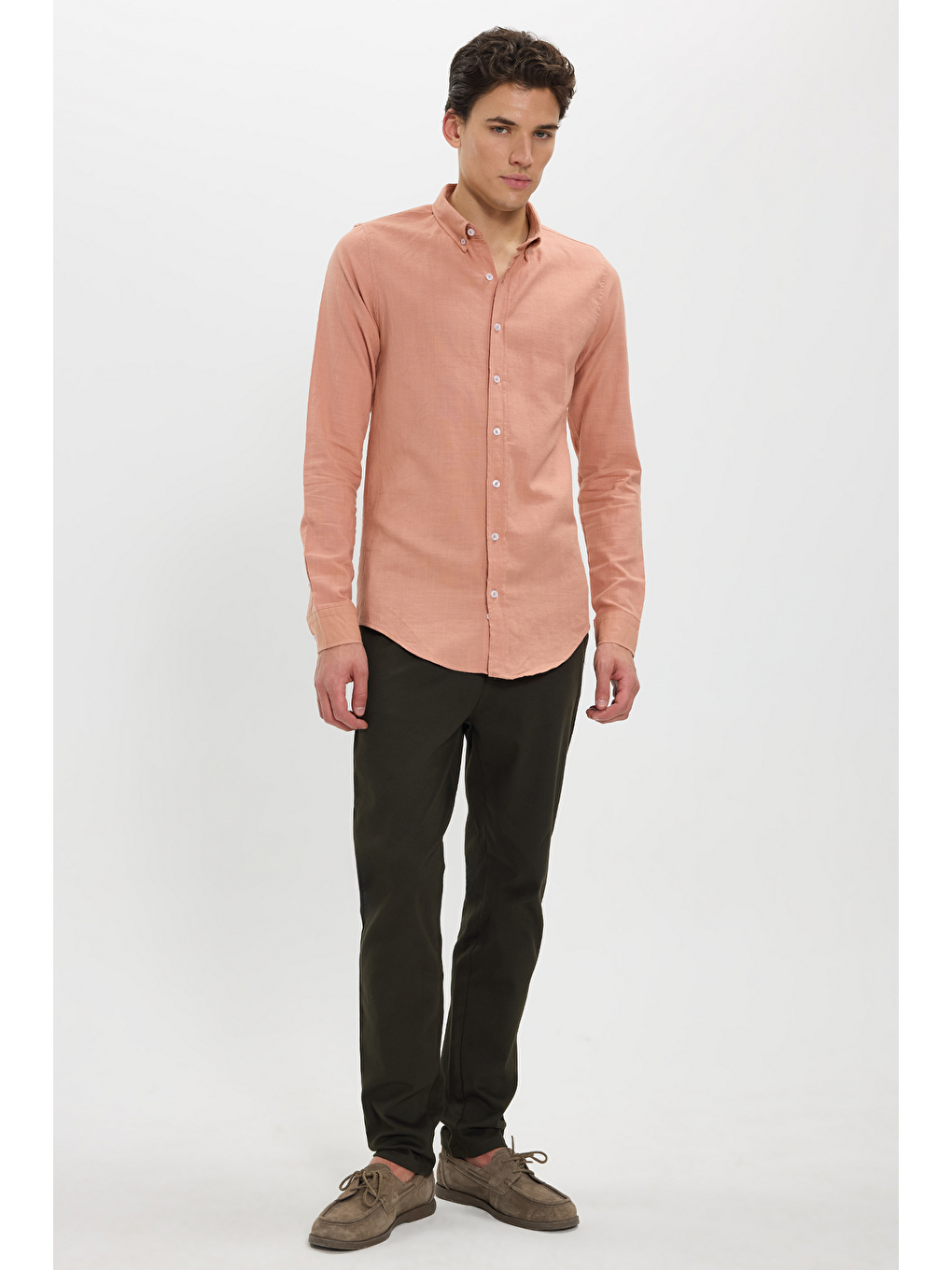 Erkek Slim Fit Dar Kesim %100 Pamuk Düğmeli Yaka Flam Keten Turuncu Gömlek-1