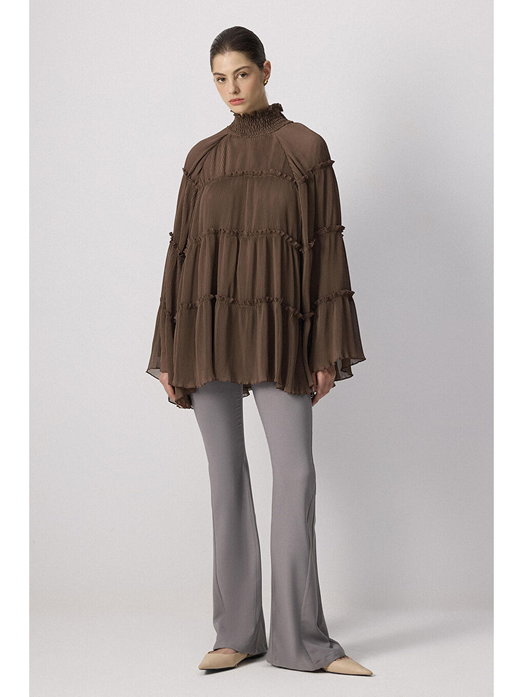 Kahverengi Piliseli Şifon Tunik