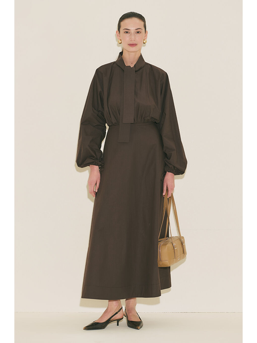 Geniş Kol Tasarımlı Elbise Kahverengi-6