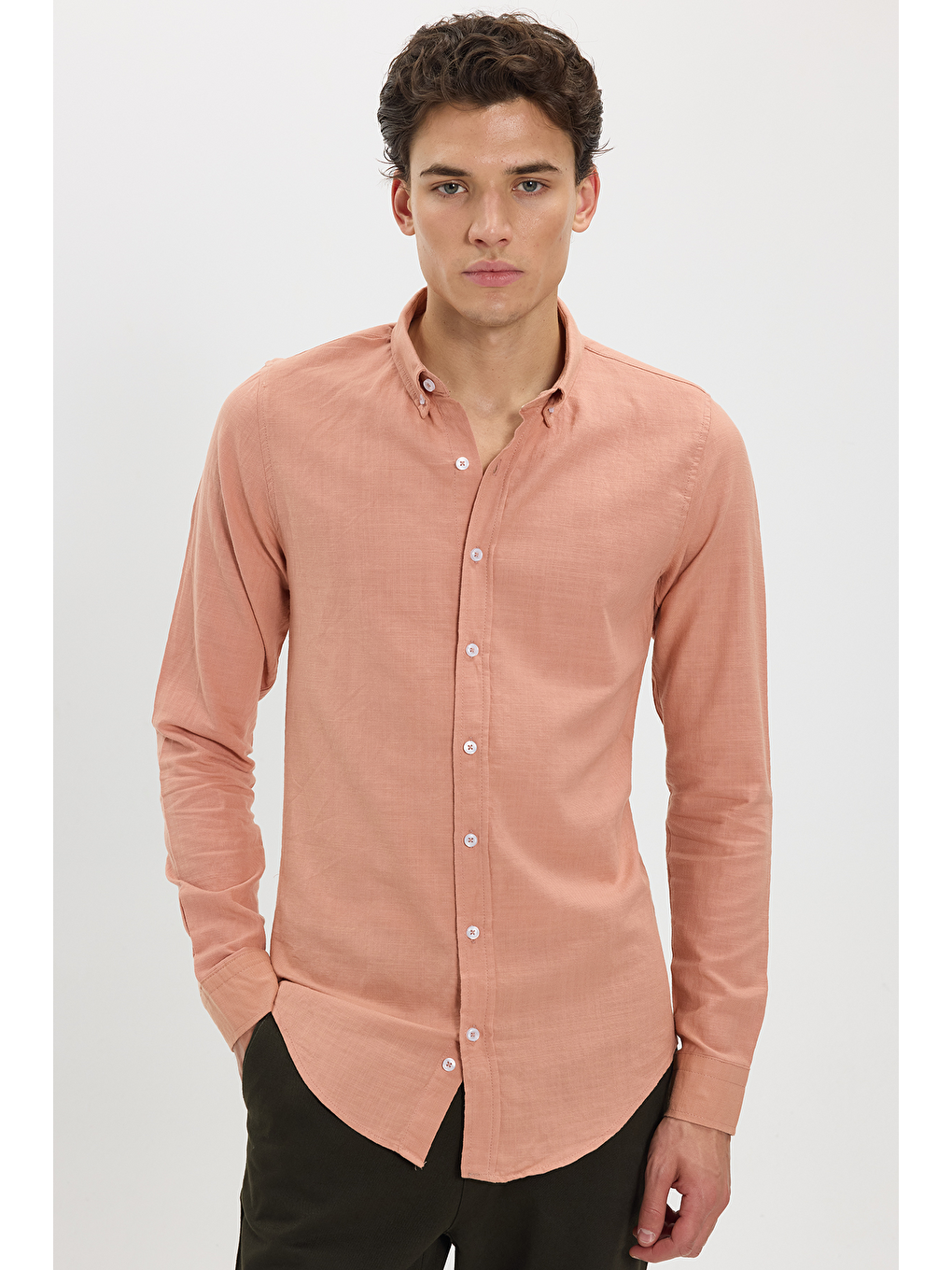 Erkek Slim Fit Dar Kesim %100 Pamuk Düğmeli Yaka Flam Keten Turuncu Gömlek-2