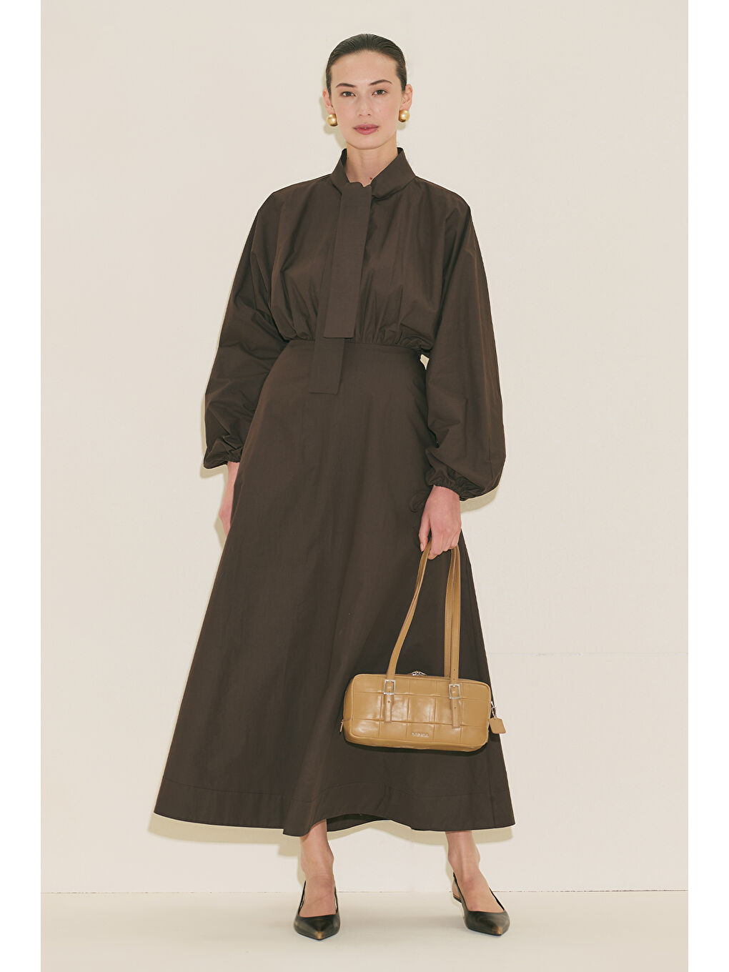 Geniş Kol Tasarımlı Elbise Kahverengi-7