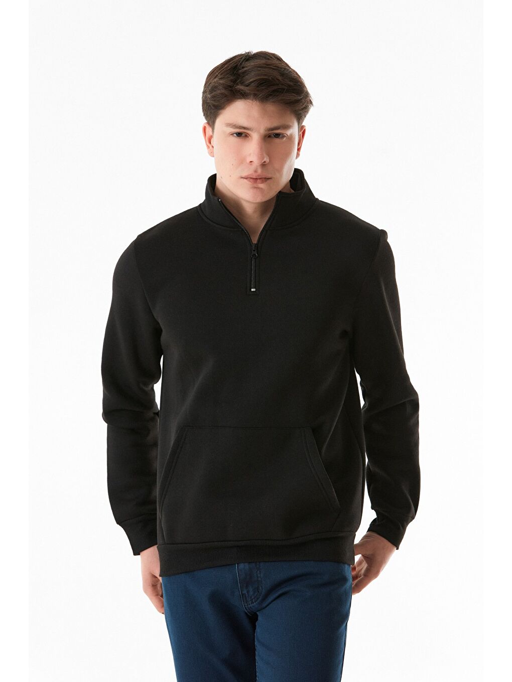 Siyah Dik Yaka  Erkek Fermuarlı Sweatshirt Hırka