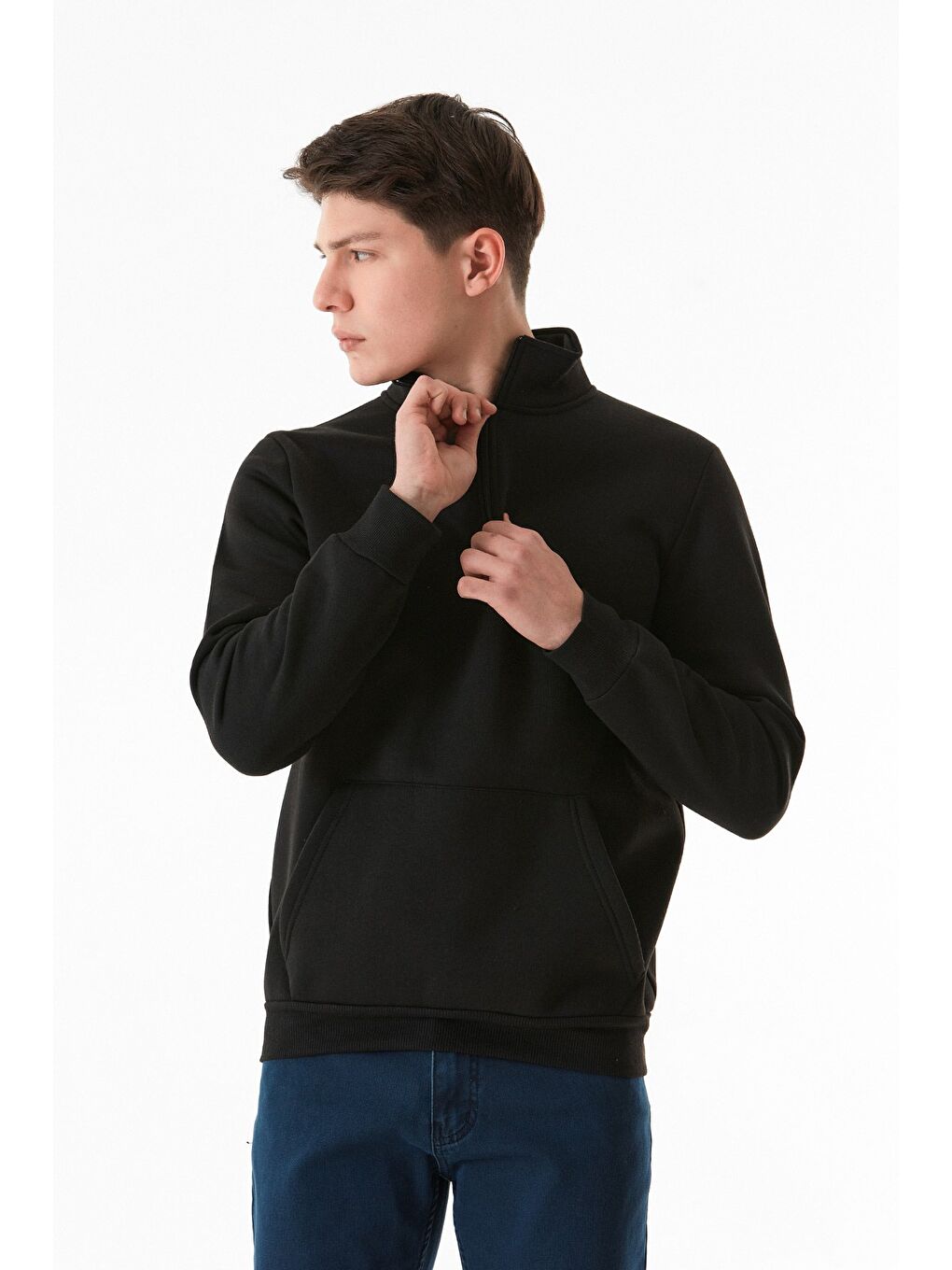 Siyah Dik Yaka  Erkek Fermuarlı Sweatshirt Hırka-2