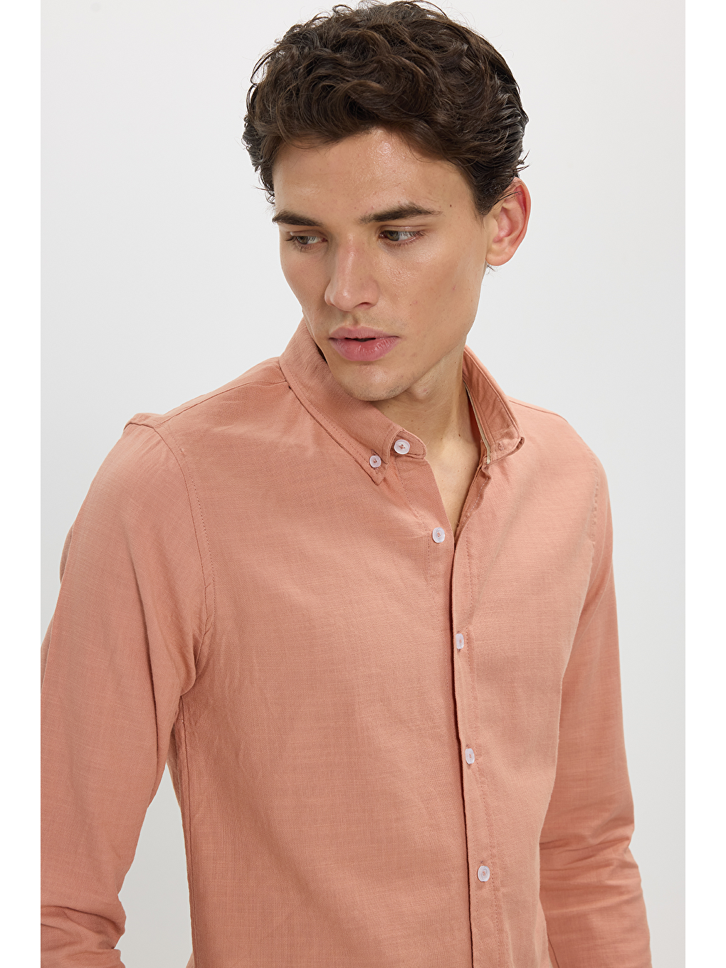 Erkek Slim Fit Dar Kesim %100 Pamuk Düğmeli Yaka Flam Keten Turuncu Gömlek-3
