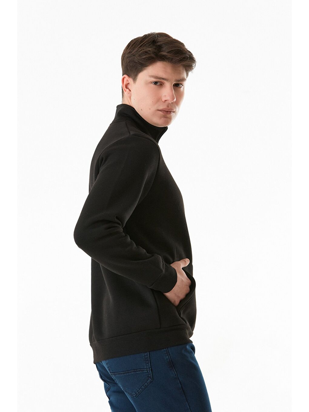 Siyah Dik Yaka  Erkek Fermuarlı Sweatshirt Hırka-4